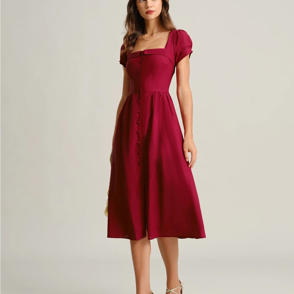 Wine Red Square Neck A-Line Midi Dress